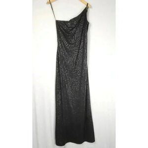 Y2K Arianna Rachel Kaye Maxi Dress 6 Black Glitter One‎ Shoulder Peekaboo Formal